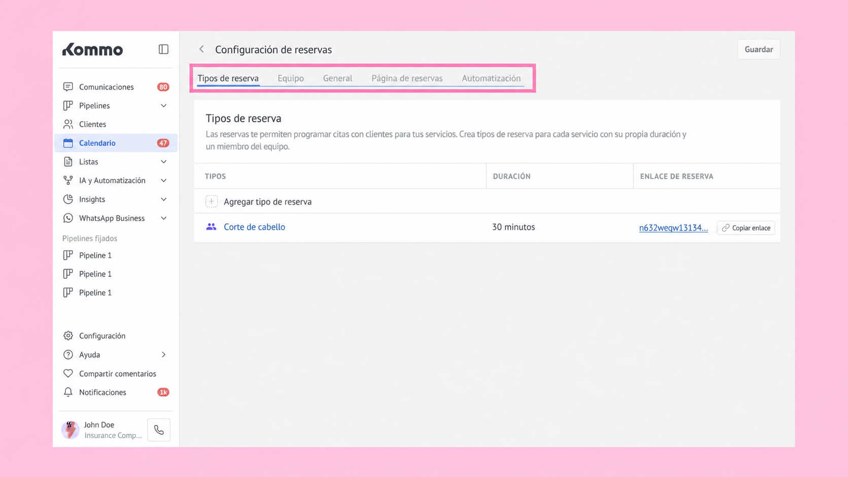 Settings page for booking types with options for adding and managing reservations.